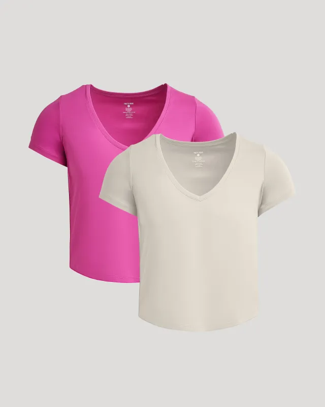 Womens Electric Fuchsia & Oartmeal Cropped Boxy V-Neck Tee 2-Pack sold by True Classic