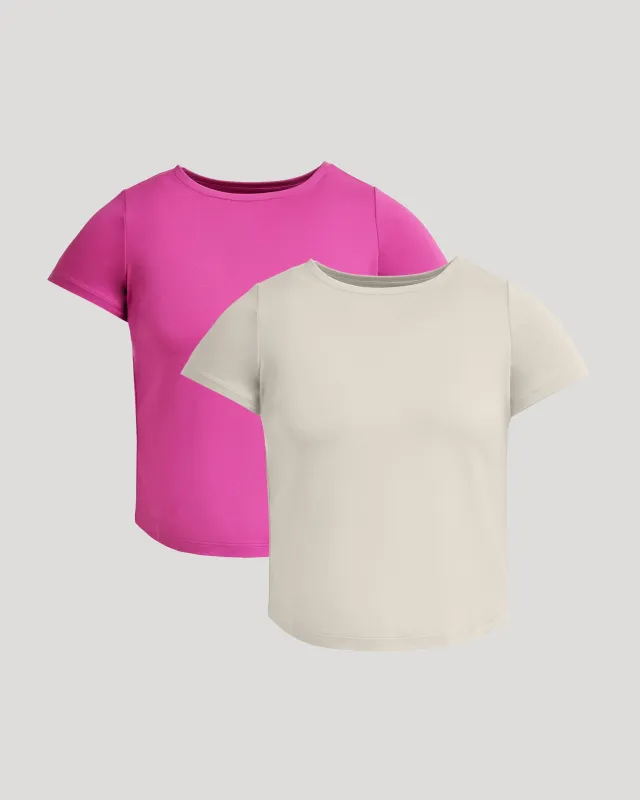 Womens Electric Fuchsia & Oatmeal Cropped Boxy Crew Neck Tee 2-Pack sold by True Classic