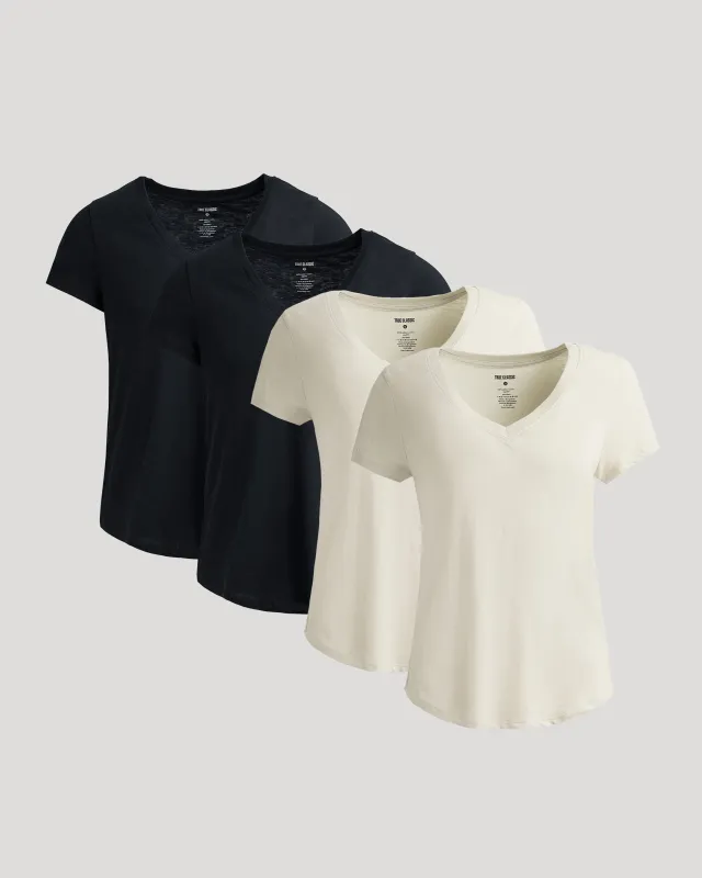 Womens Black & Oatmeal Relaxed Slub V-Neck Tee 4-Pack sold by True Classic
