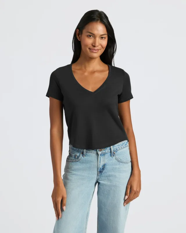 Womens Black Cropped Boxy V-Neck Tee sold by True Classic