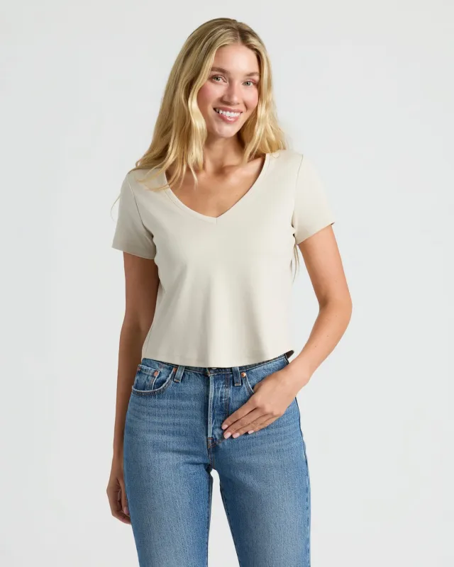 Womens Oatmeal Cropped Boxy V-Neck Tee sold by True Classic