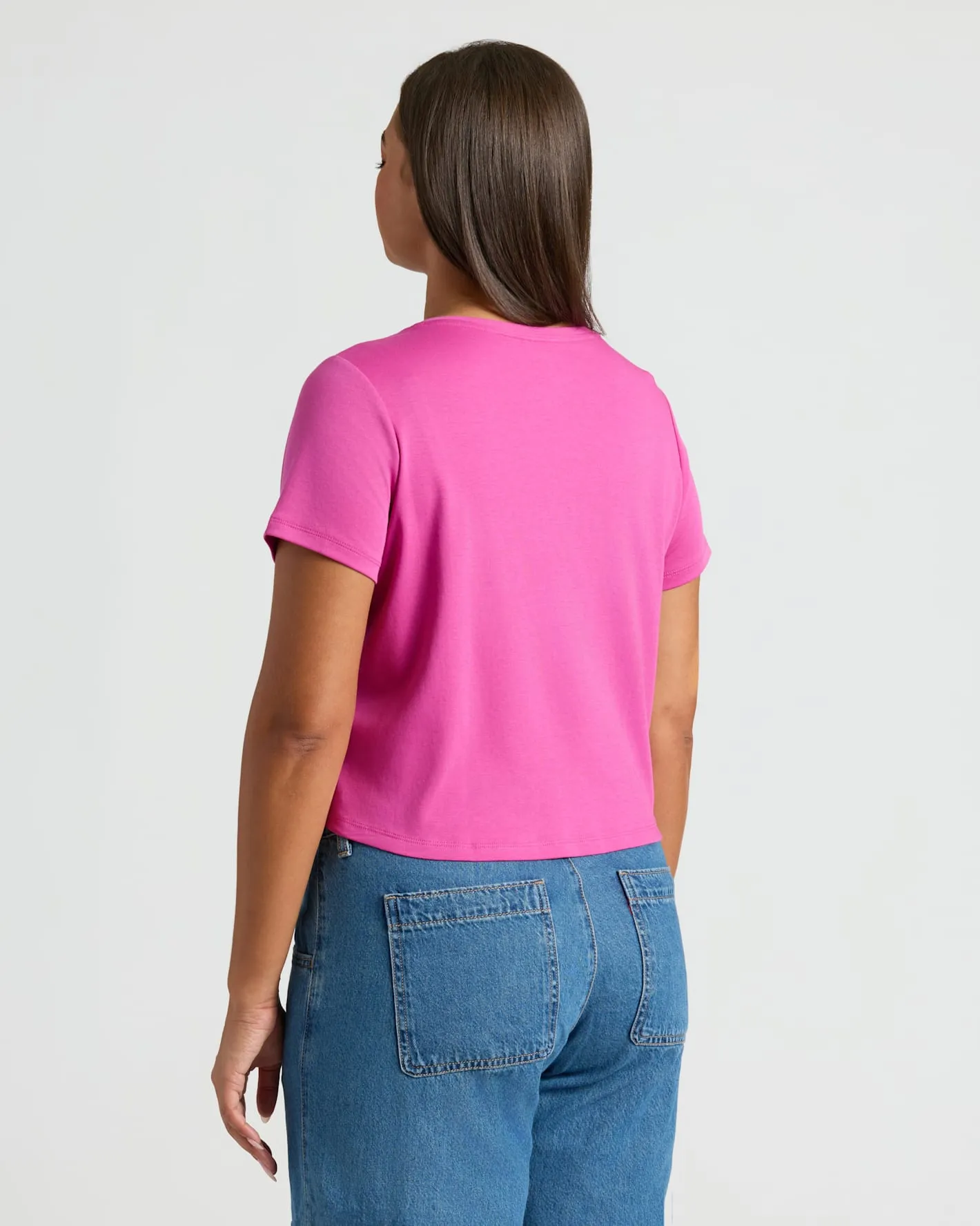 Womens Electric Fuchsia Cropped Boxy V-Neck Tee sold by True Classic product image thumbnail 3
