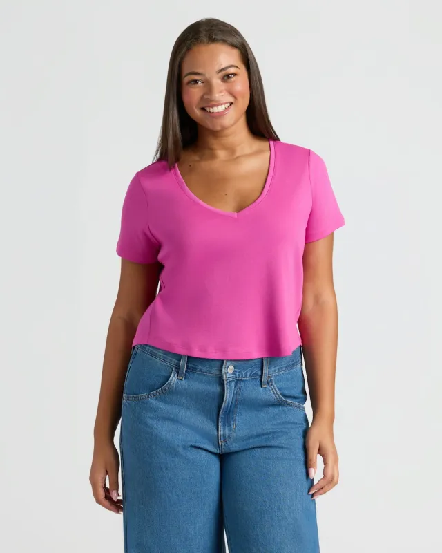 Womens Electric Fuchsia Cropped Boxy V-Neck Tee sold by True Classic