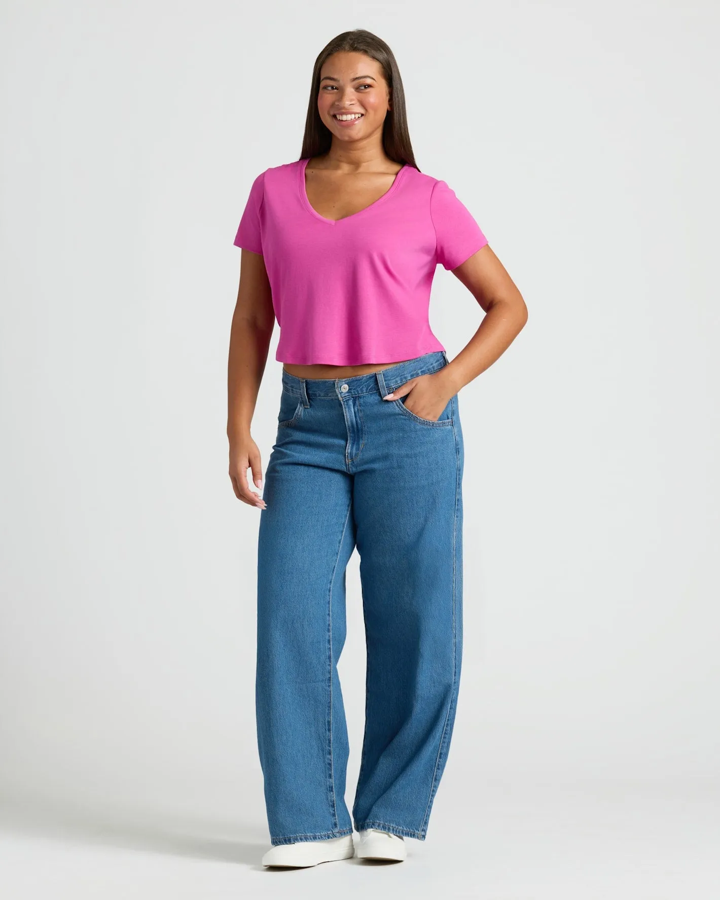 Womens Electric Fuchsia Cropped Boxy V-Neck Tee sold by True Classic product image thumbnail 2