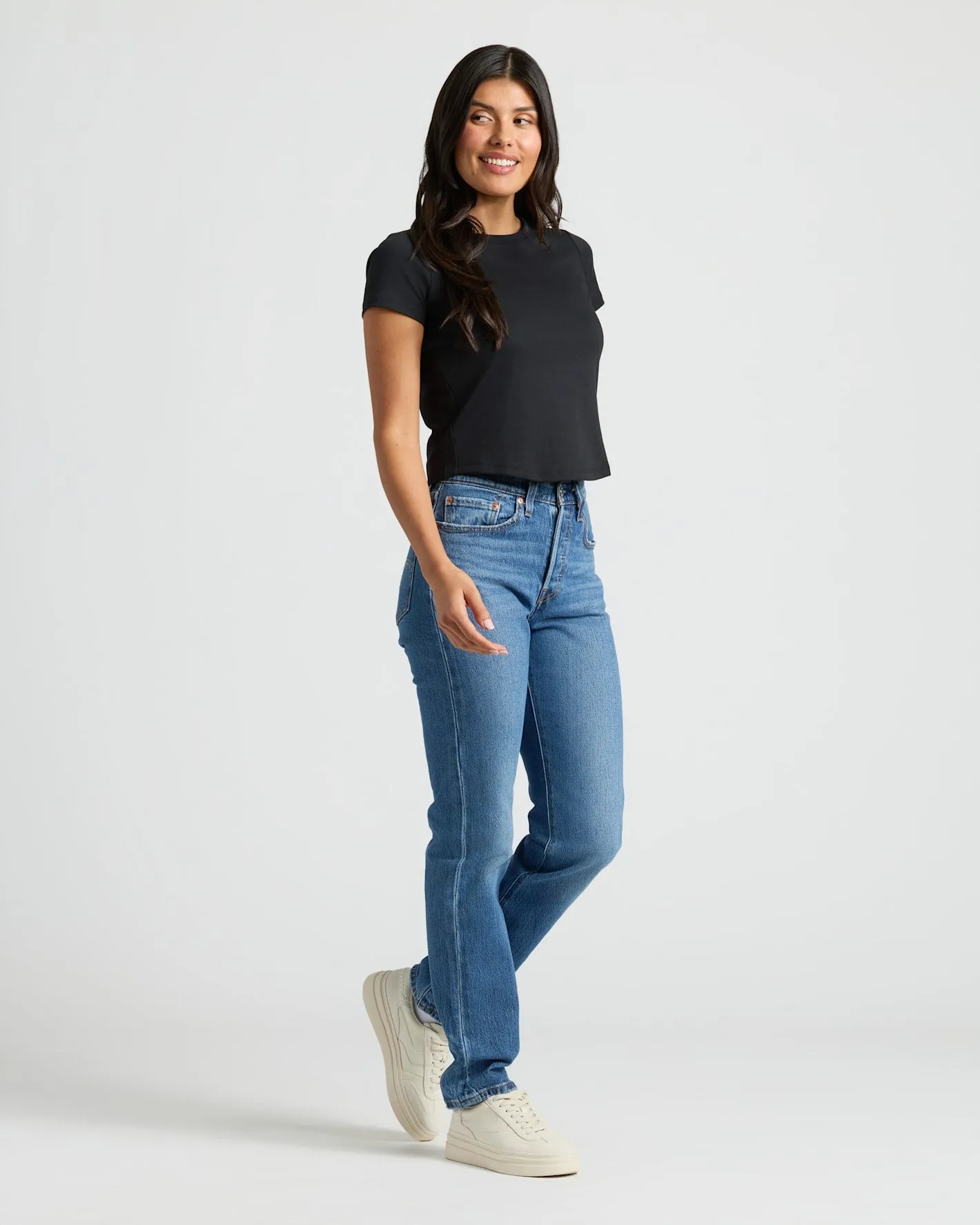 Womens Black Cropped Boxy Crew Neck Tee sold by True Classic product image thumbnail 5