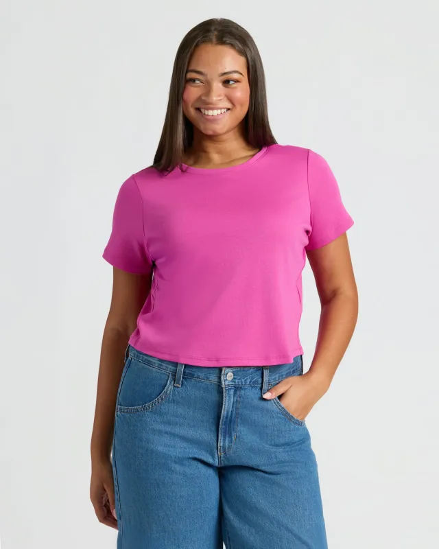 Womens Electric Fuchsia Cropped Boxy Crew Neck Tee sold by True Classic