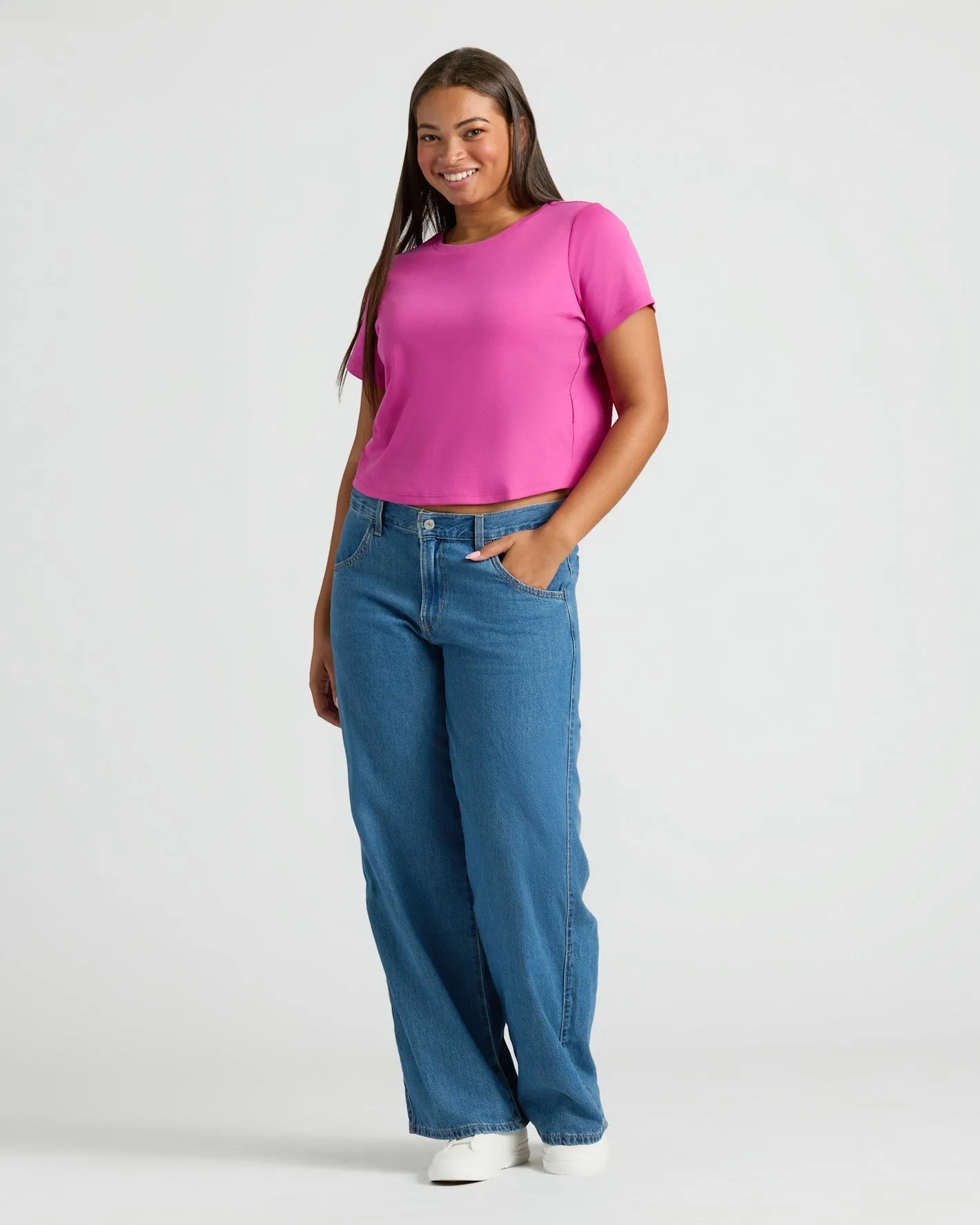 Womens Electric Fuchsia Cropped Boxy Crew Neck Tee sold by True Classic product image thumbnail 2