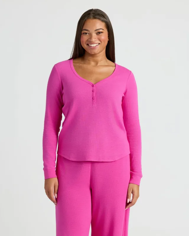 Womens Electric Fuchsia Waffle Long Sleeve Boxy Henley sold by True Classic