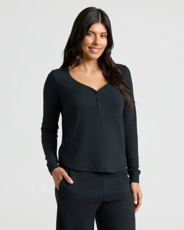 Womens Black Waffle Long Sleeve Boxy Henley sold by True Classic
