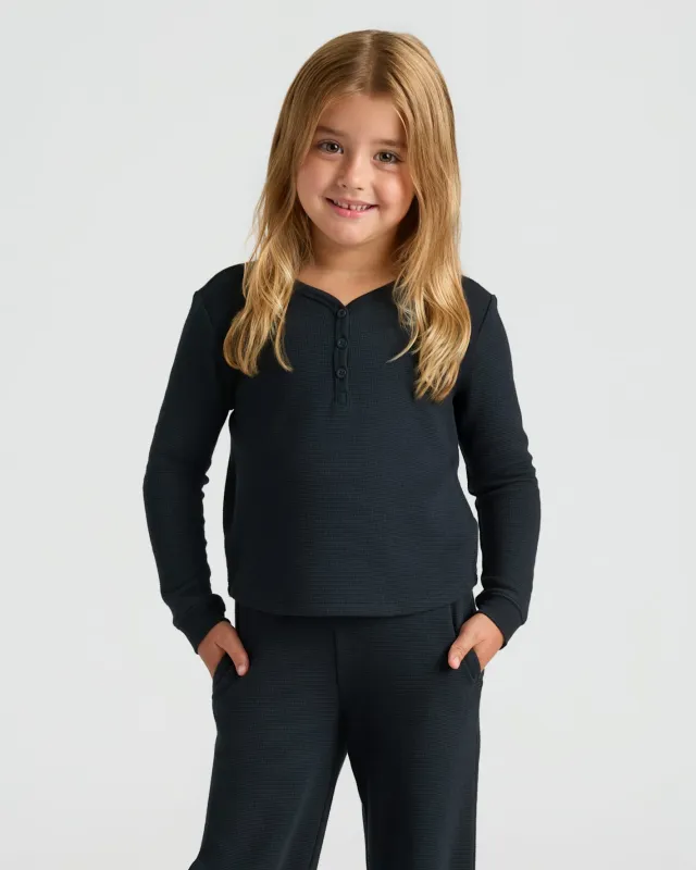Girls Black Long Sleeve Boxy Waffle Henley sold by True Classic