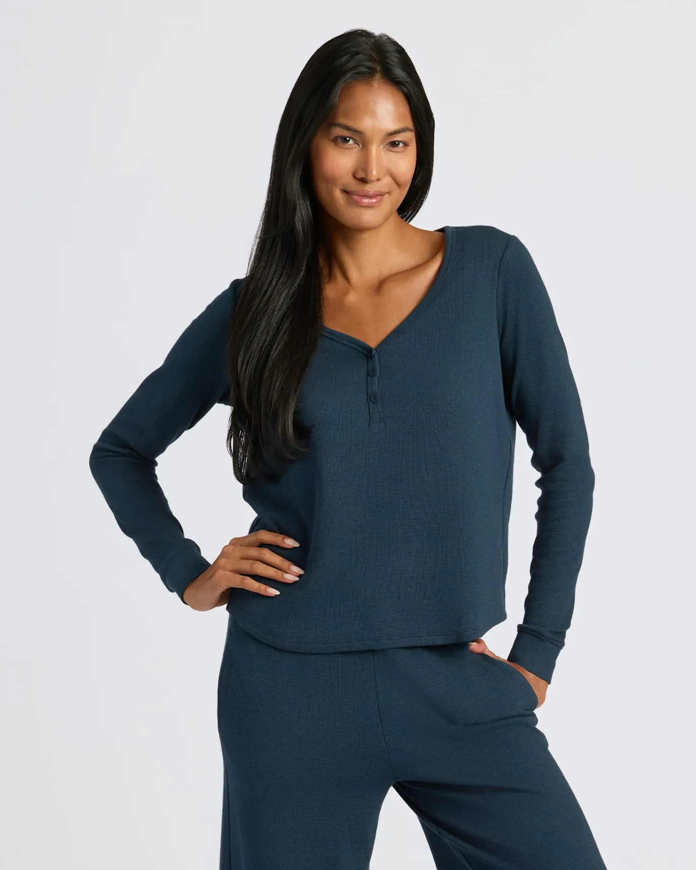 Womens Navy Waffle Long Sleeve Boxy Henley sold by True Classic product image thumbnail 4