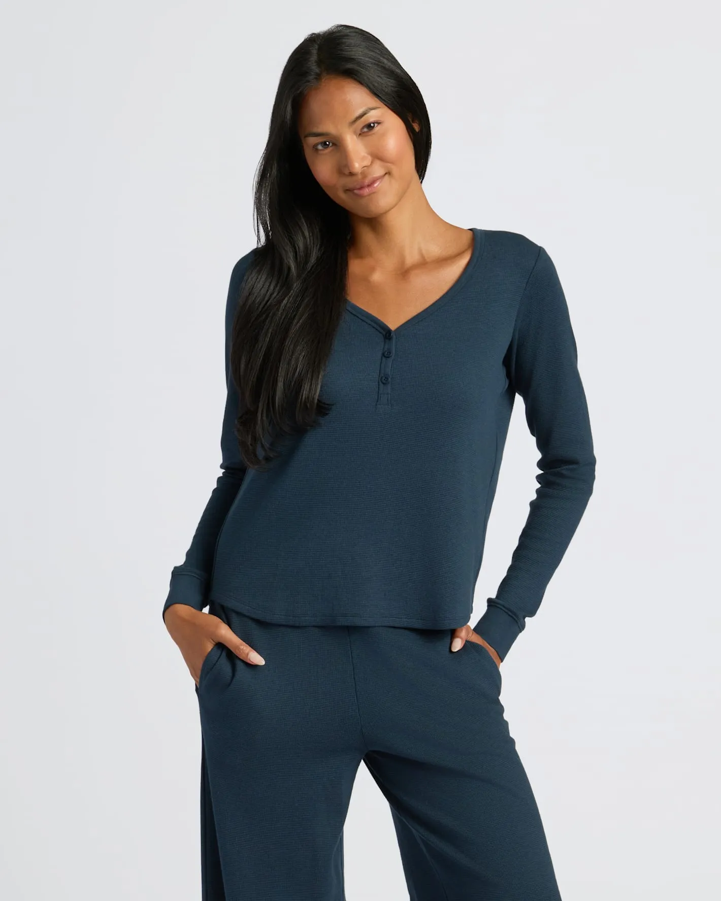 Womens Navy Waffle Long Sleeve Boxy Henley sold by True Classic
