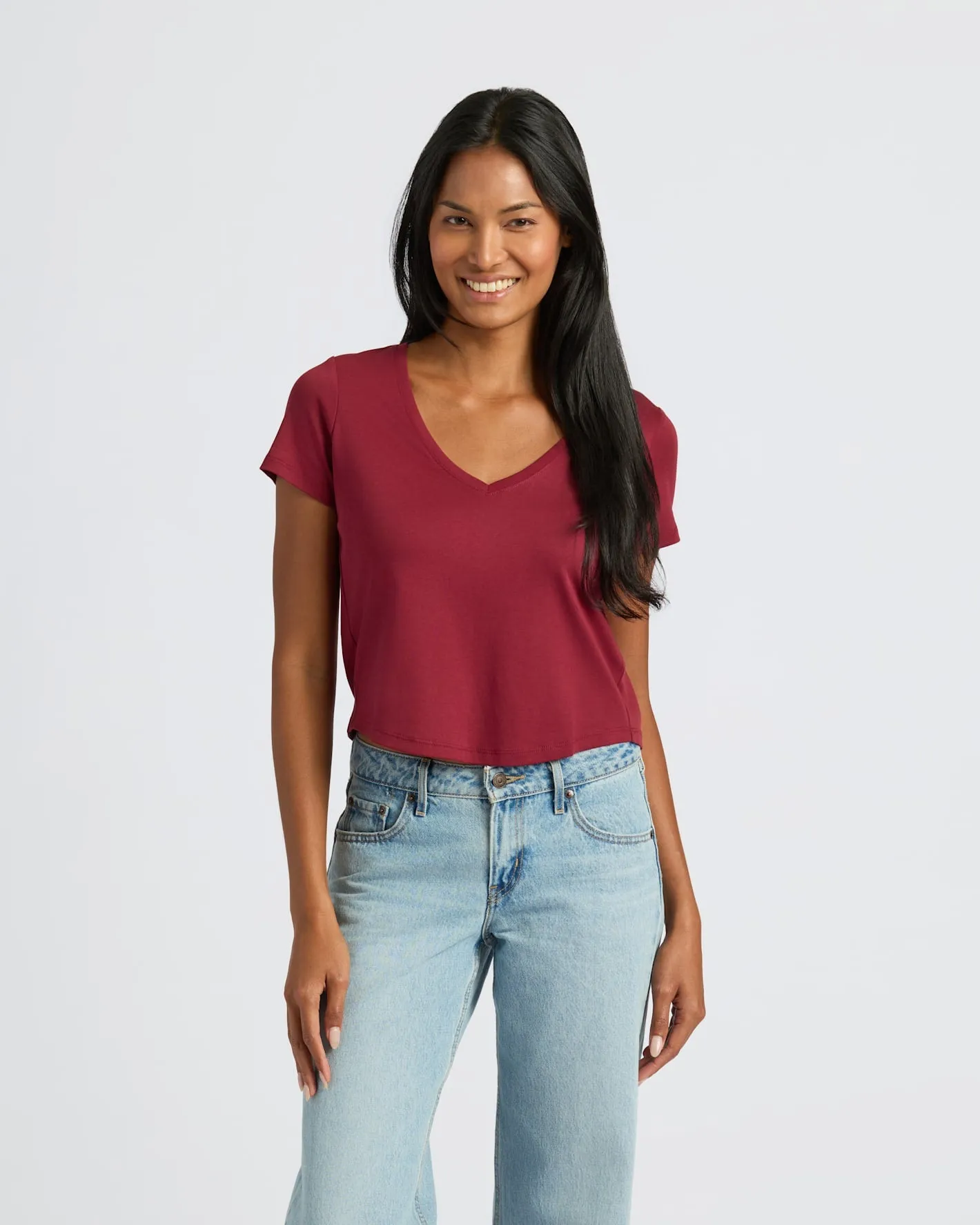 Womens Dark Maroon Cropped Boxy V-Neck Tee 2-Pack sold by True Classic product image thumbnail 3