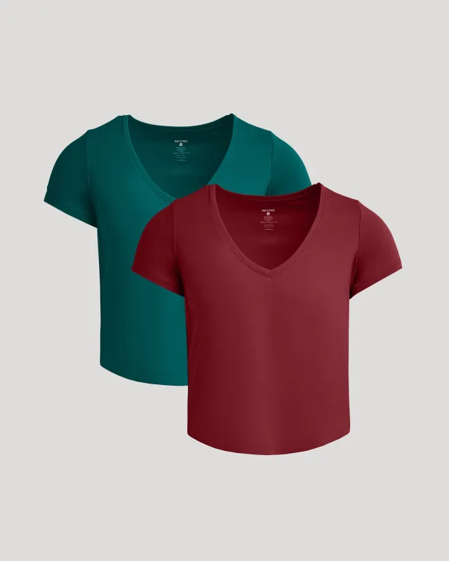 Womens Dark Maroon & Dark Emerald Cropped Boxy V-Neck Tee 2-Pack sold by True Classic