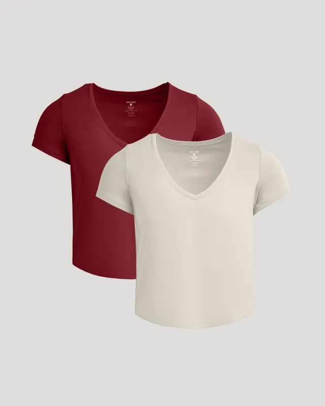 Womens Dark Maroon & Oatmeal Cropped Boxy V-Neck Tee 2-Pack sold by True Classic