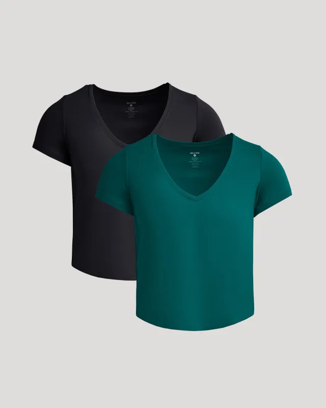 Womens Dark Emerald & Black Cropped Boxy V-Neck Tee 2-Pack sold by True Classic