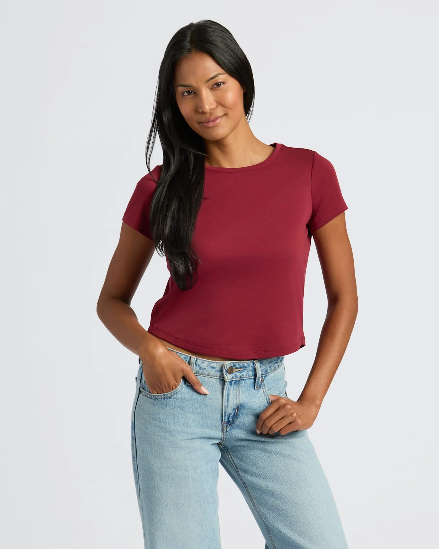 Womens Dark Maroon Cropped Boxy Crew Neck Tee 2-Pack sold by True Classic product image thumbnail 3