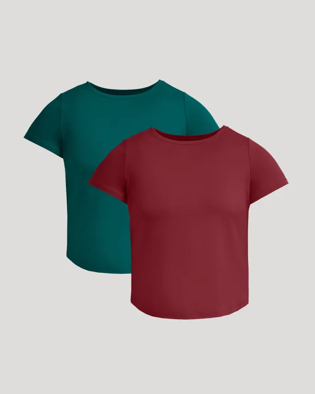 Womens Deep Emerald & Dark Maroon Cropped Boxy Crew Neck Tee 2-Pack sold by True Classic