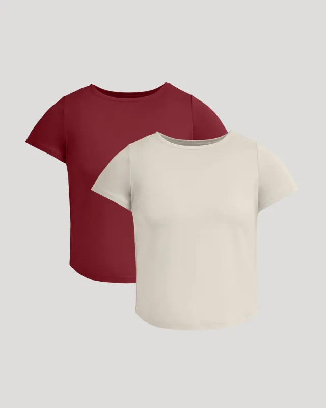 Womens Dark Maroon & Oatmeal Cropped Boxy Crew Neck Tee 2-Pack sold by True Classic