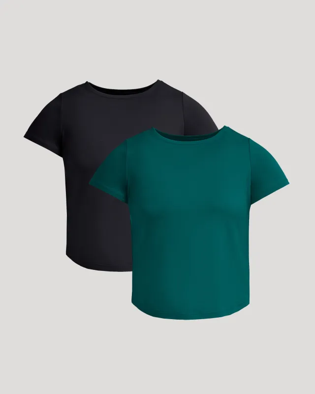 Womens Deep Emerald & Black Cropped Boxy Crew Neck Tee 2-Pack sold by True Classic