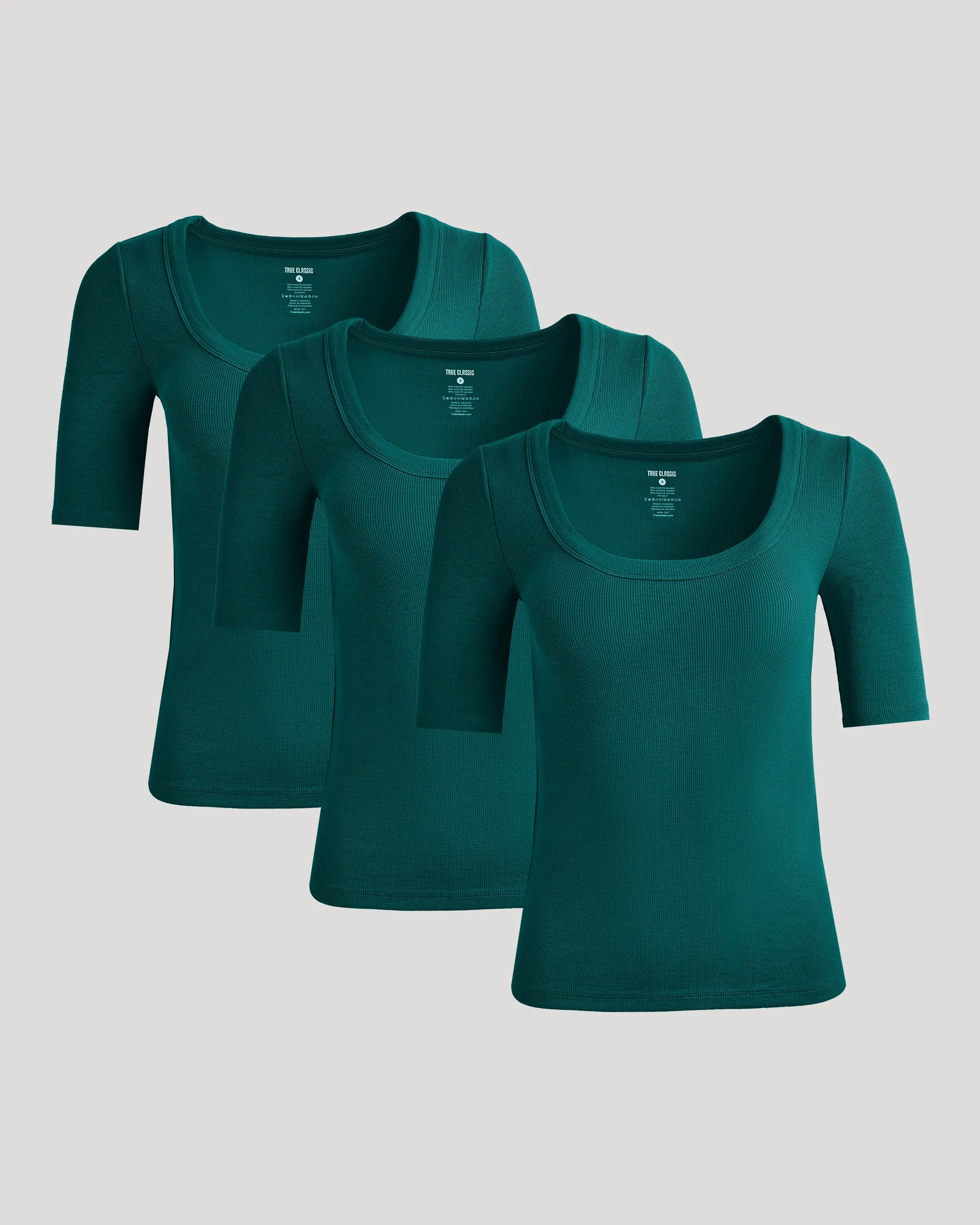 Womens Deep Emerald Ribbed 3/4 Sleeve Scoop Neck Tee 3-Pack sold by True Classic