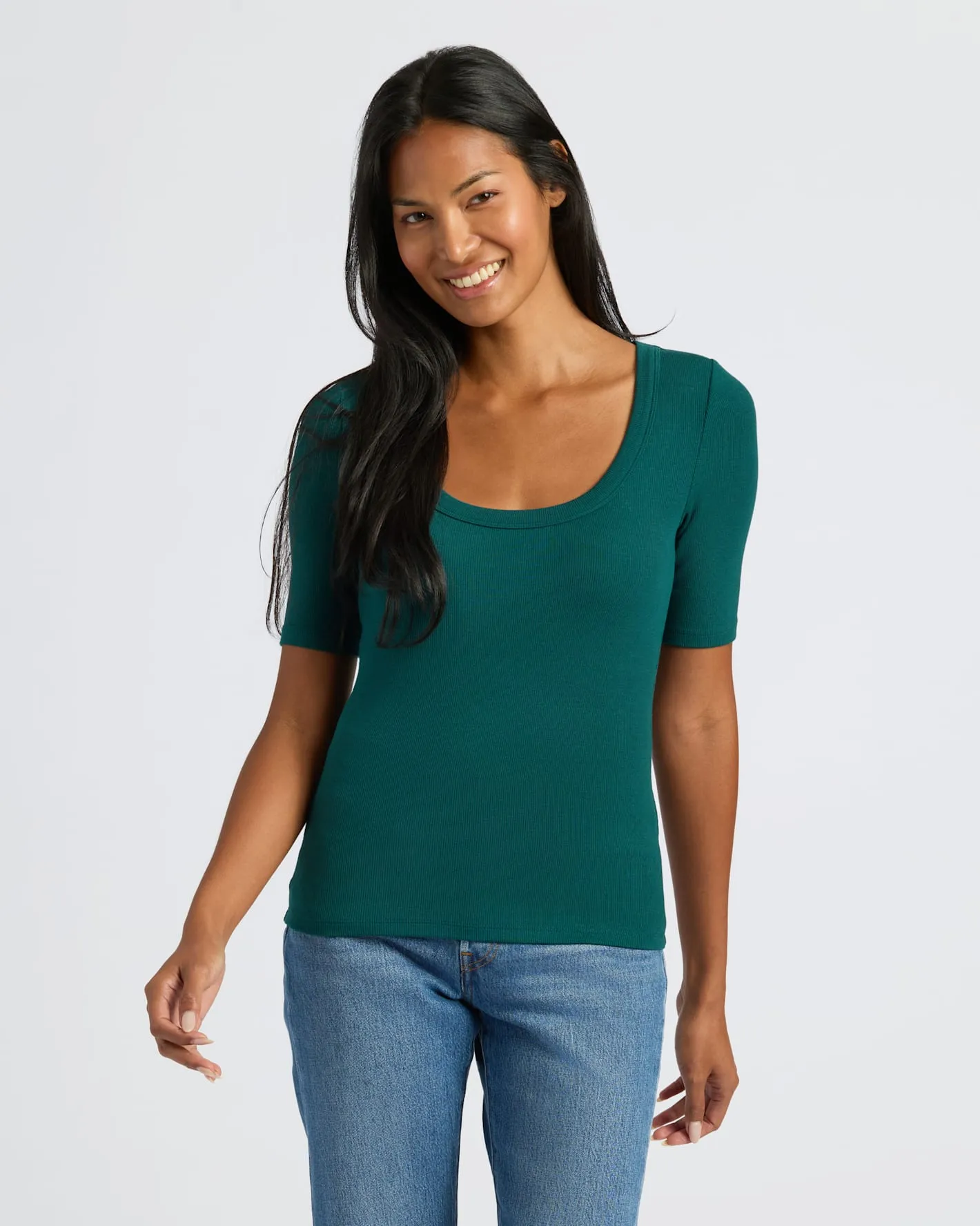 Womens Deep Emerald Ribbed 3/4 Sleeve Scoop Neck Tee 3-Pack sold by True Classic product image thumbnail 5