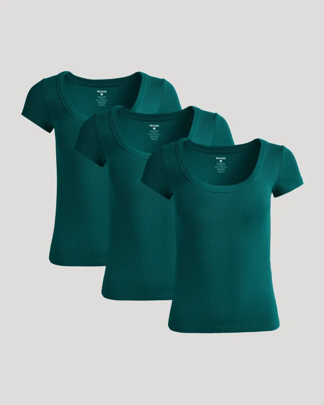 Womens Deep Emerald Ribbed U-Neck Tee 3-Pack made by True Classic
