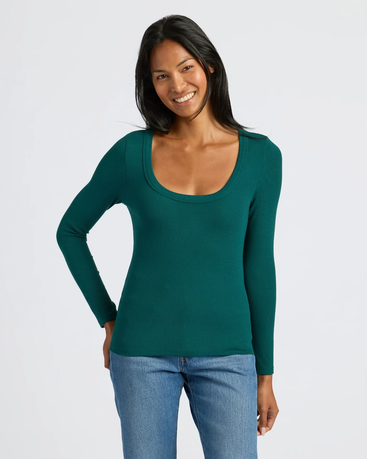 Womens Deep Emerald Ribbed Long Sleeve Scoop Neck Tee sold by True Classic