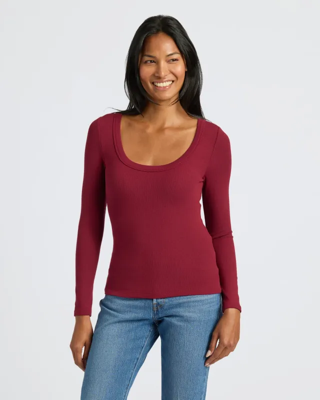 Womens Dark Maroon Ribbed Long Sleeve Scoop Neck Tee sold by True Classic