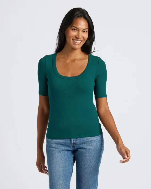 Womens Deep Emerald Ribbed 3/4 Sleeve Scoop Neck Tee sold by True Classic