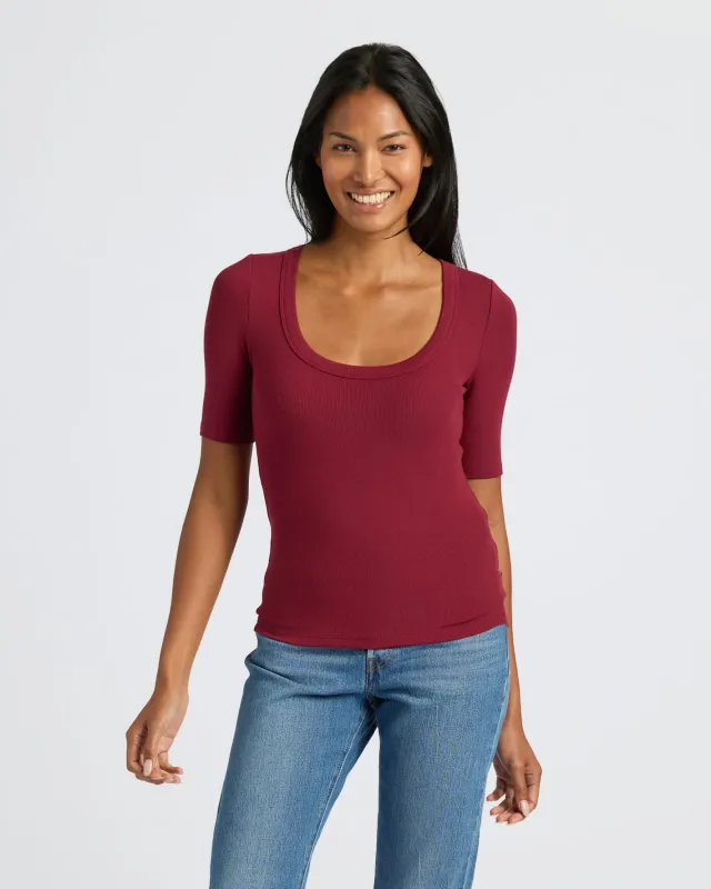 Womens Dark Maroon Ribbed 3/4 Sleeve Scoop Neck Tee sold by True Classic