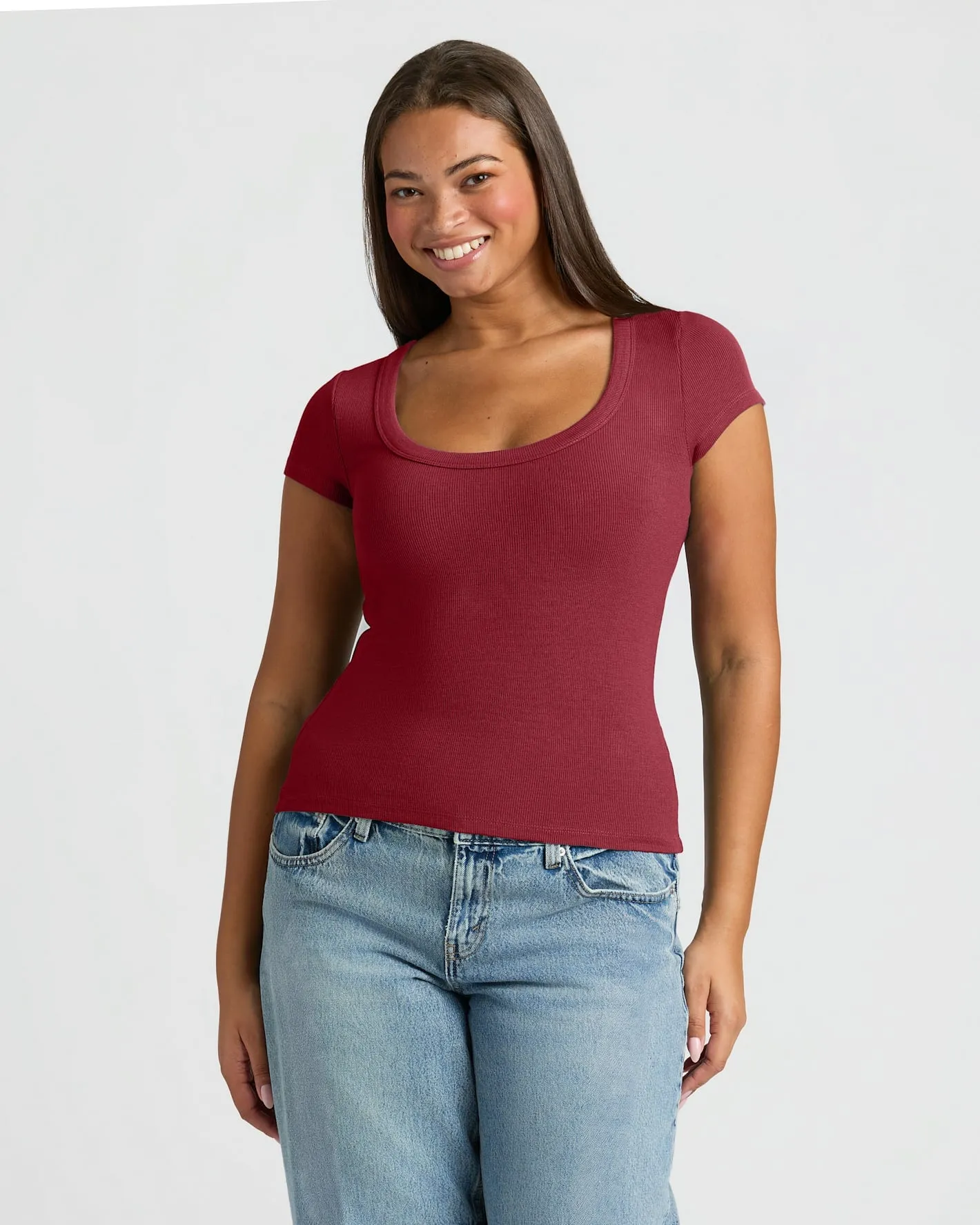 Womens Dark Maroon Ribbed U-Neck Tee sold by True Classic