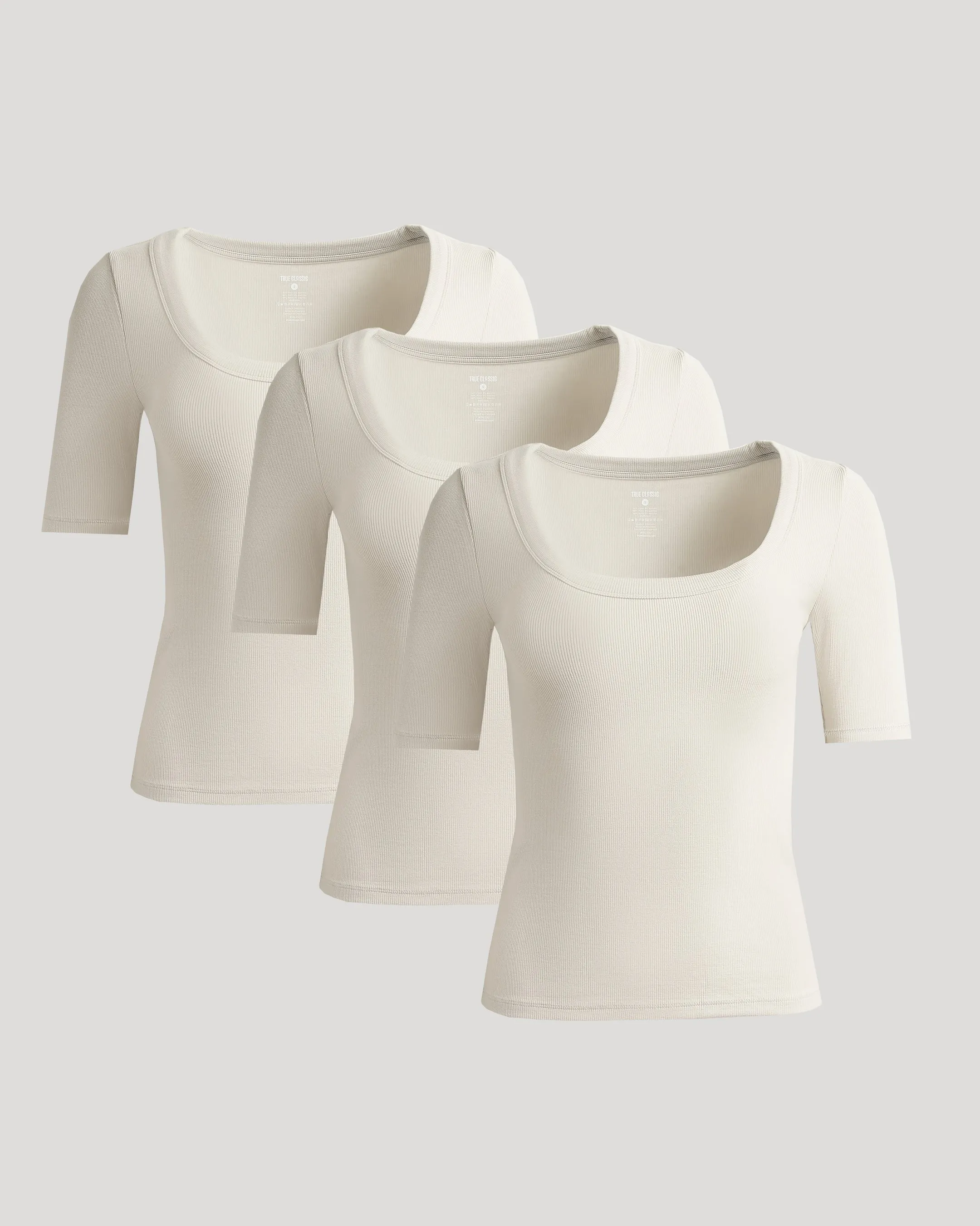 Womens Oatmeal Ribbed 3/4 Sleeve Scoop Neck Tee 3-Pack sold by True Classic