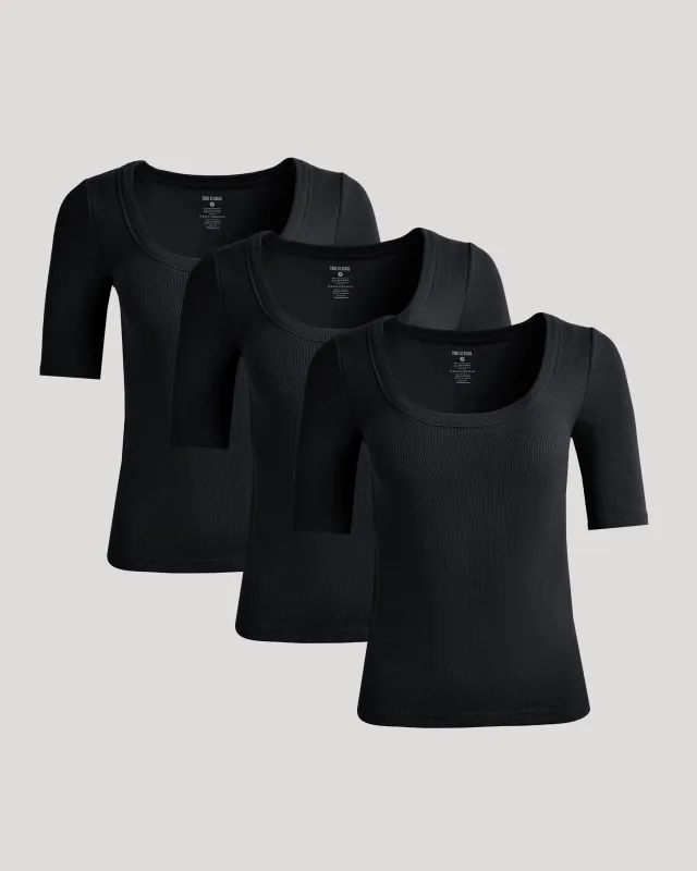 Womens Black Ribbed 3/4 Sleeve Scoop Neck Tee 3-Pack sold by True Classic