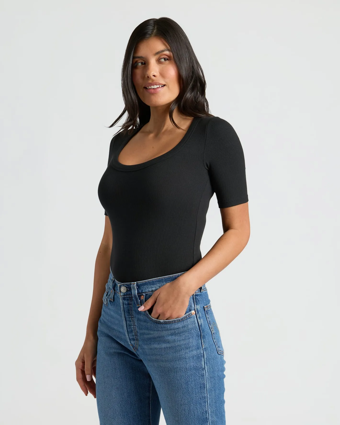 Womens Black Ribbed 3/4 Sleeve Scoop Neck Tee 3-Pack sold by True Classic product image thumbnail 5