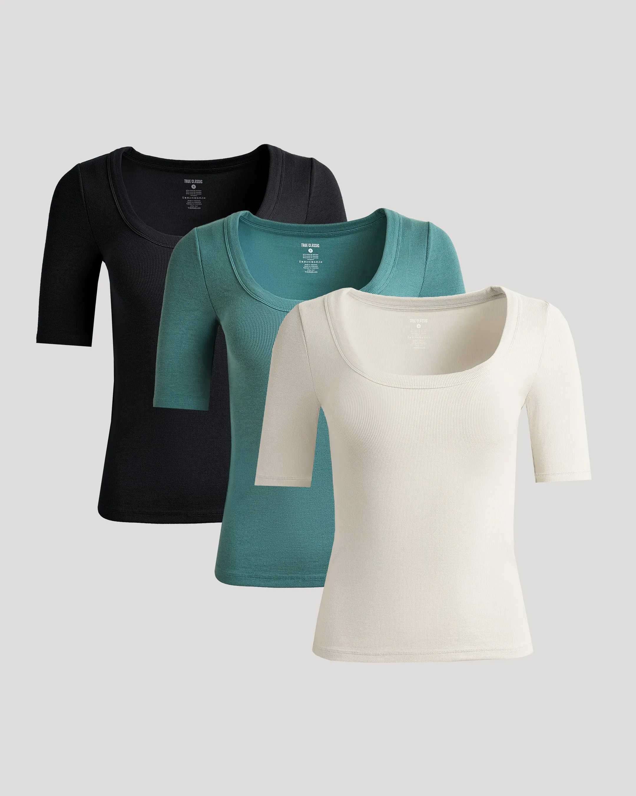 Womens Ribbed 3/4 Sleeve Scoop Neck Tee 3-Pack sold by True Classic
