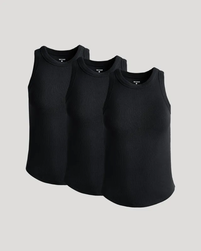 Womens Black Ribbed High Neck Tank 3-Pack sold by True Classic