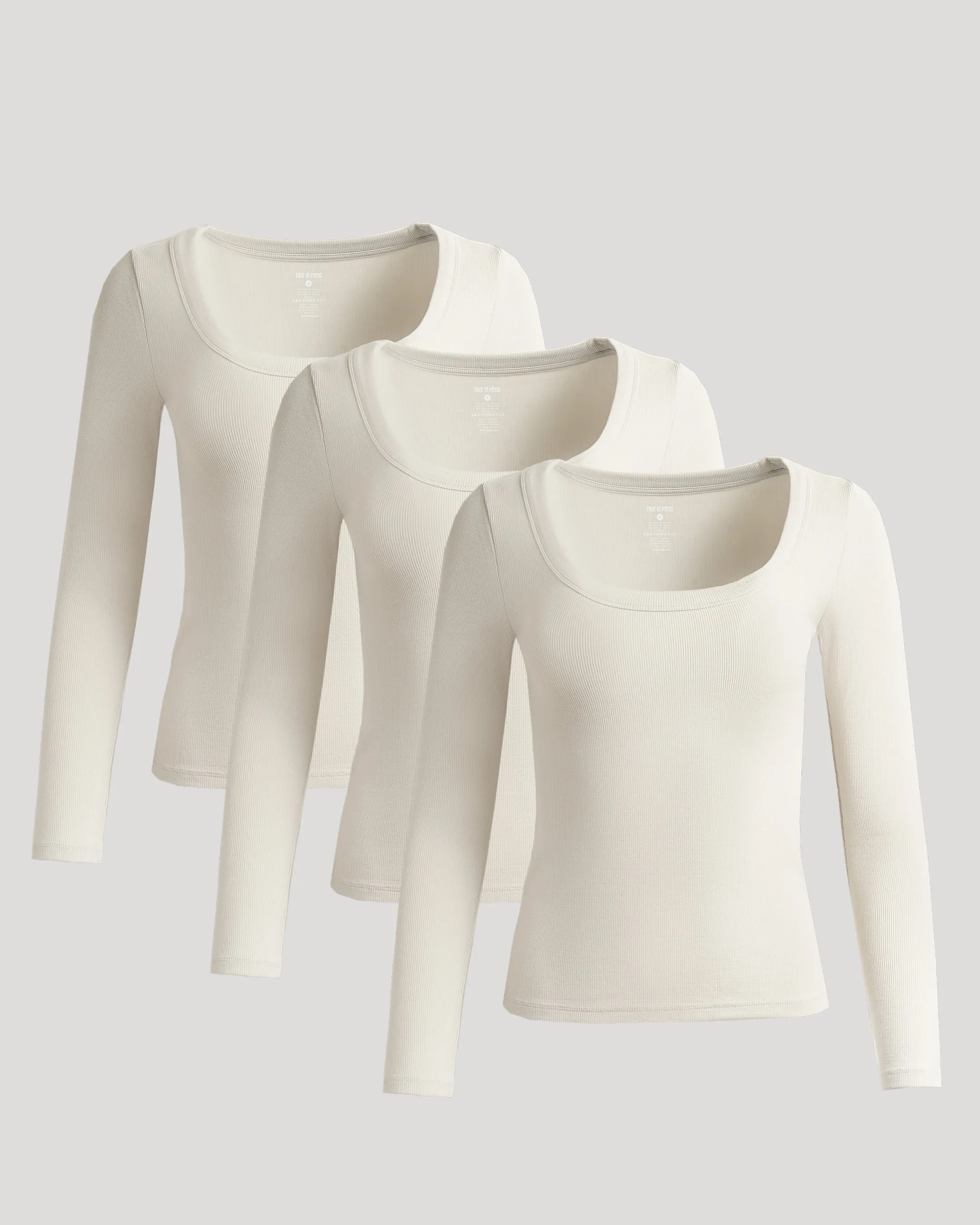 Womens Oatmeal Ribbed Long Sleeve Scoop Neck Tee 3-Pack sold by True Classic