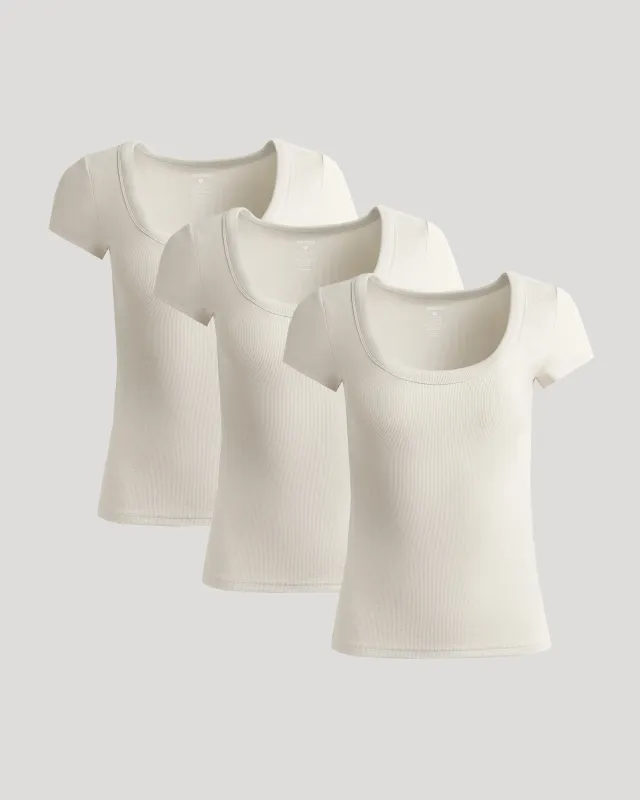 Womens Oatmeal Ribbed U-Neck Tee 3-Pack made by True Classic