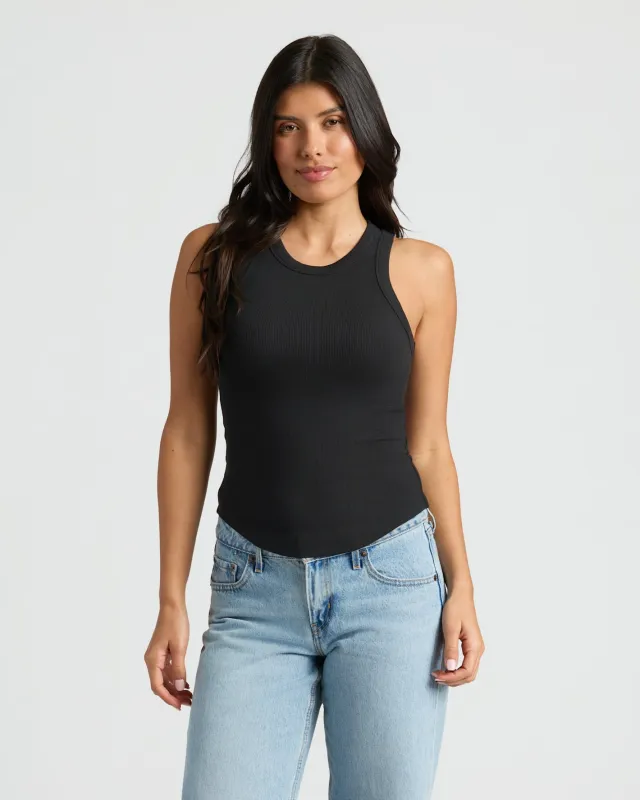 Womens Black Ribbed High Neck Tank sold by True Classic