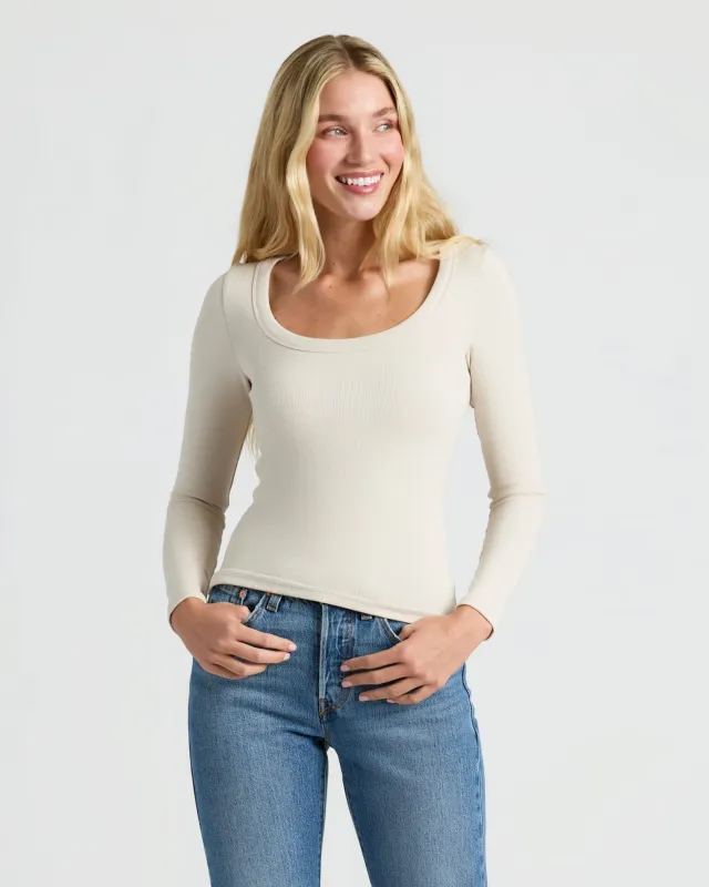 Womens Oatmeal Ribbed Long Sleeve Scoop Neck Tee sold by True Classic