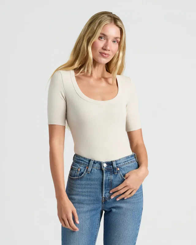 Womens Oatmeal Ribbed 3/4 Sleeve Scoop Neck Tee sold by True Classic
