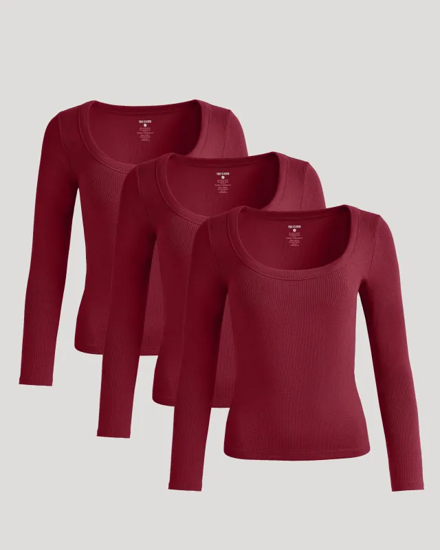 Womens Dark Maroon Ribbed Long Sleeve Scoop Neck Tee 3-Pack sold by True Classic