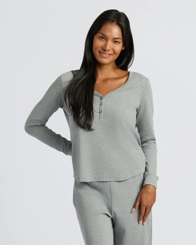 Womens Heather Gray Waffle Long Sleeve Boxy Henley sold by True Classic
