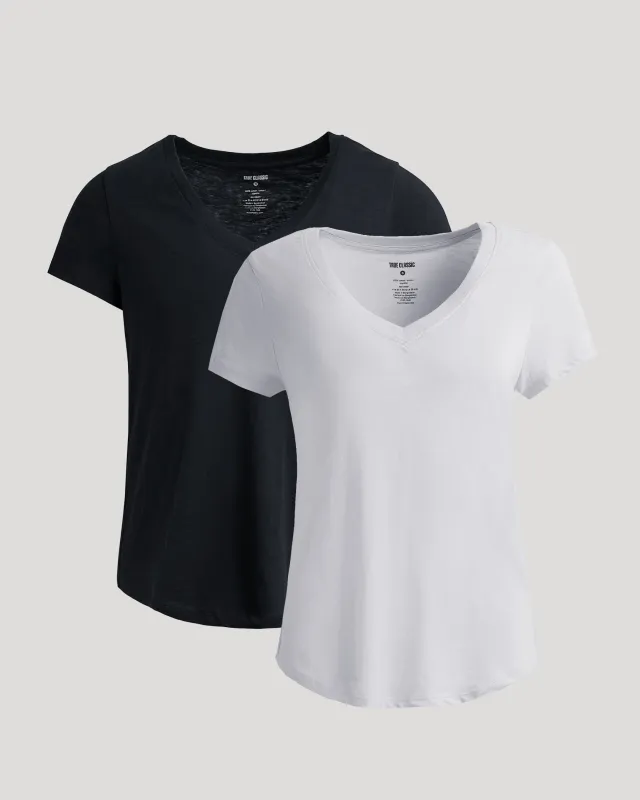 Womens Black & White Relaxed Slub V-Neck Tee 2-Pack sold by True Classic