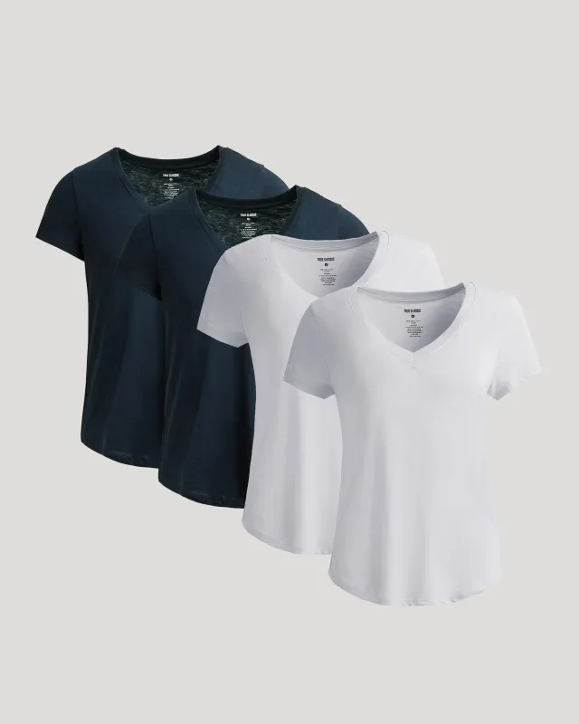 Womens Navy & White Relaxed Slub V-Neck Tee 4-Pack sold by True Classic