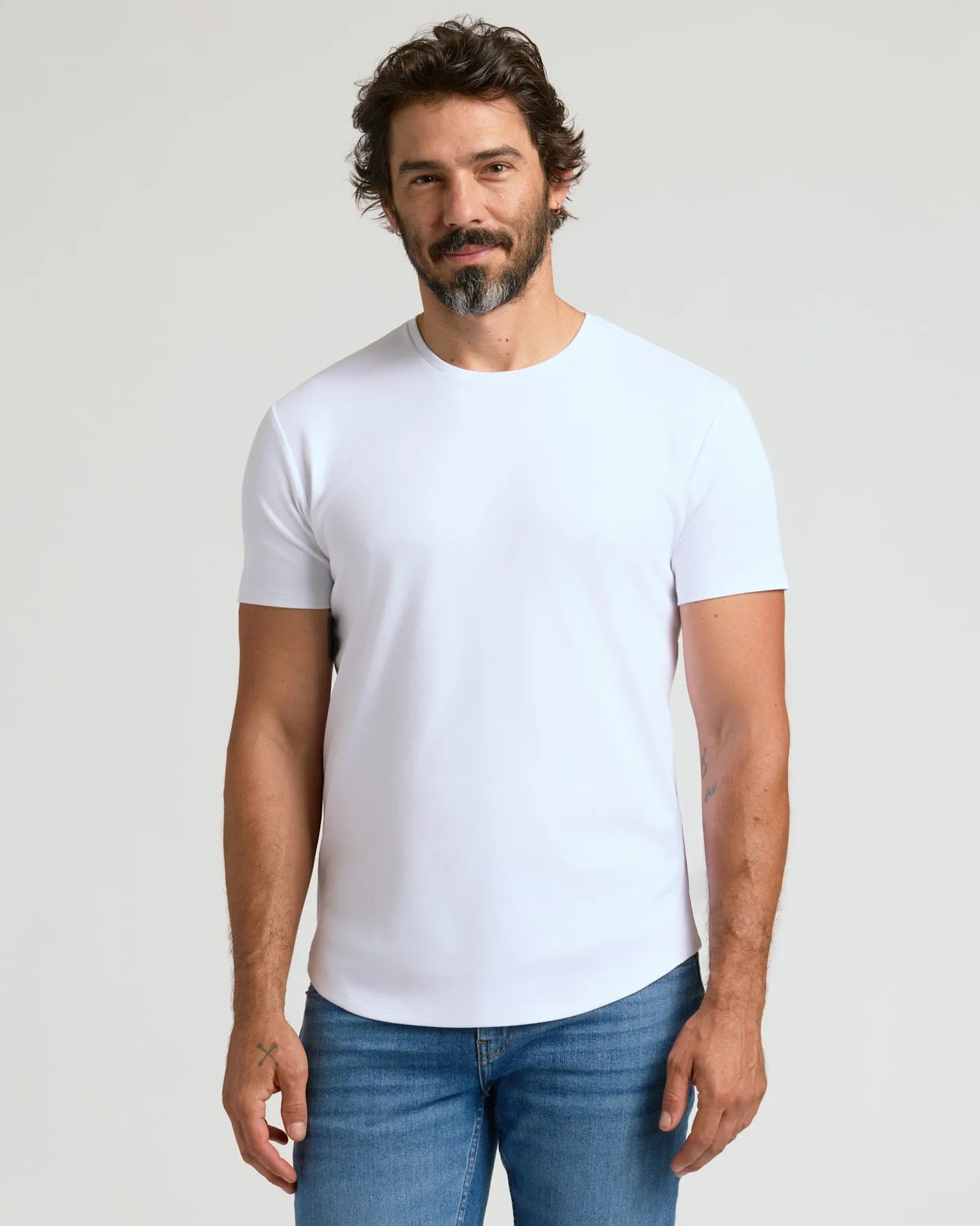 Optic White Pima Cotton Blend Curved Hem Crew sold by True Classic