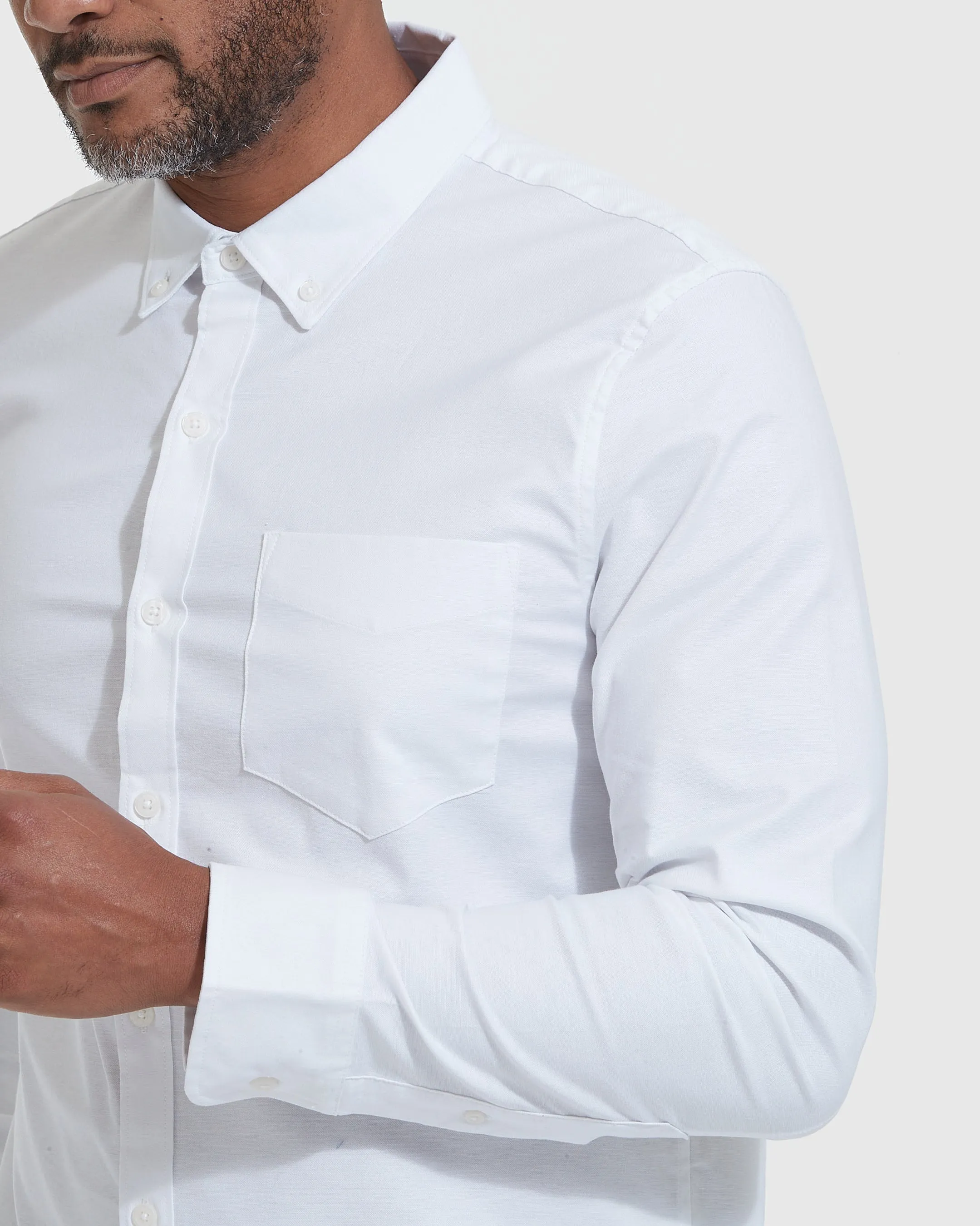White Stretch Oxford Long Sleeve Button Up Shirt sold by True Classic product image thumbnail 5
