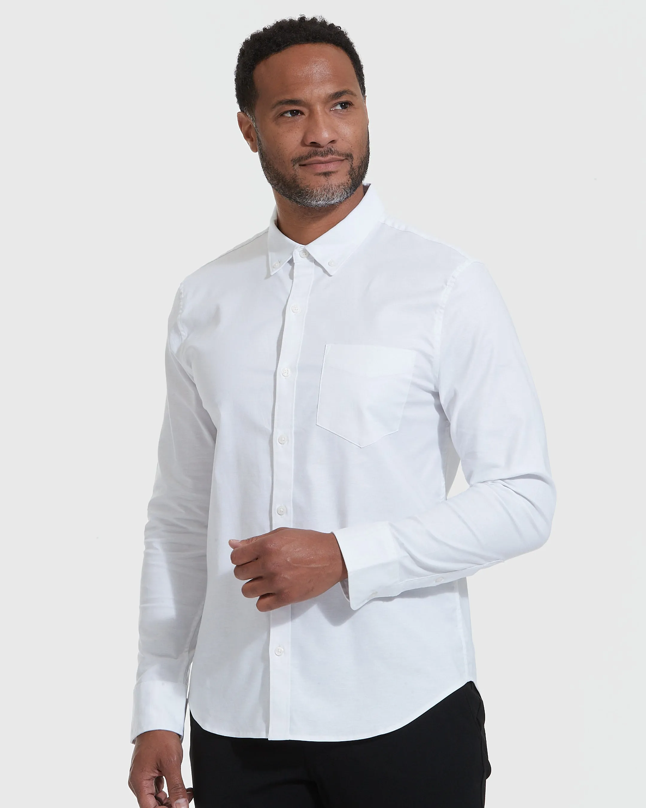 White Stretch Oxford Long Sleeve Button Up Shirt sold by True Classic product image thumbnail 3
