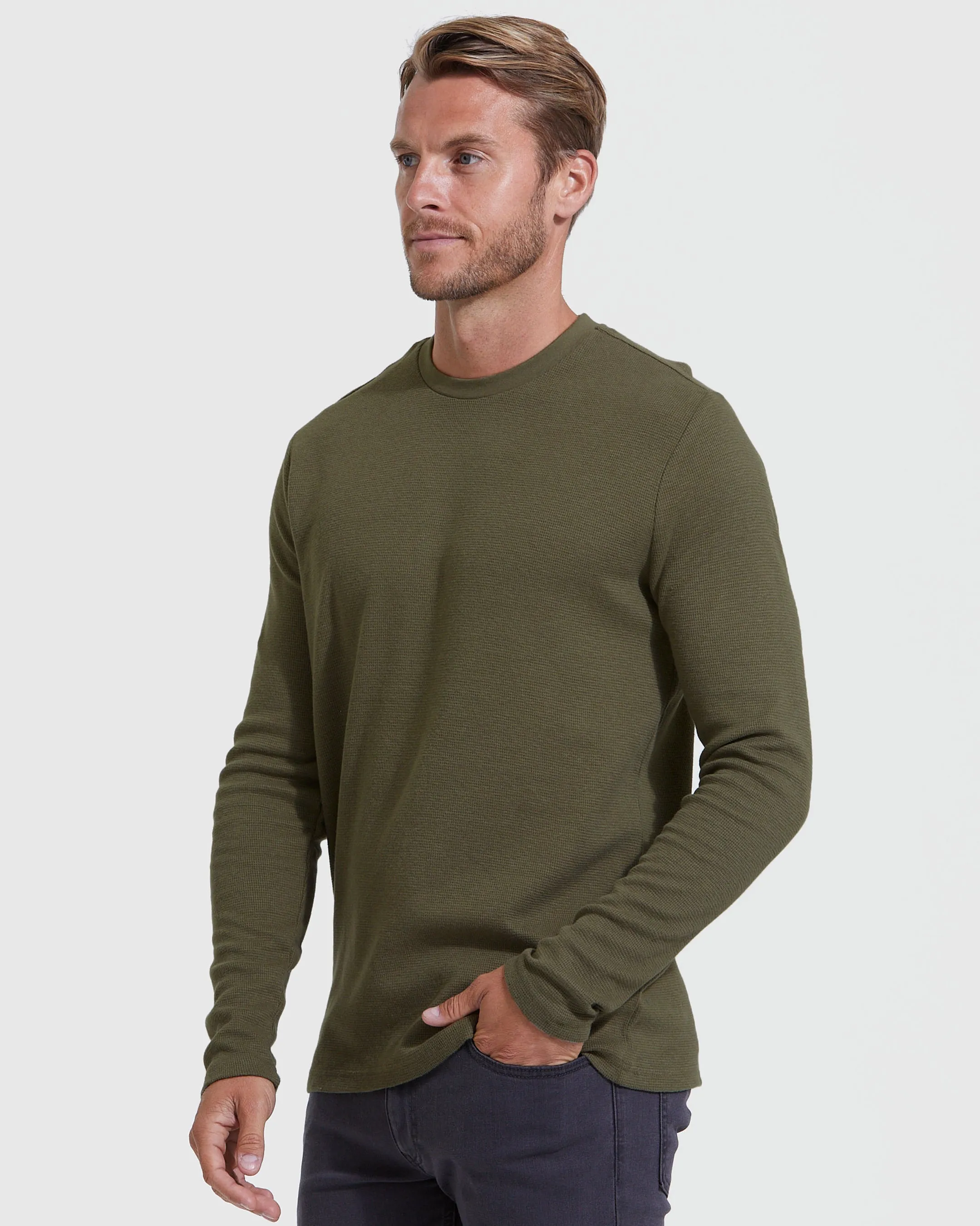 Military Green Waffle Long Sleeve Crew Neck sold by True Classic product image thumbnail 3